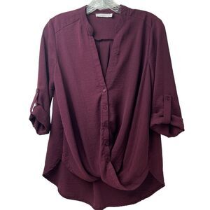 Lush Burgundy V-Neck Long Sleeve Blouse Size XS